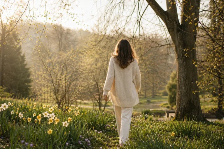 Mladá žena v krémovém vlněném svetru jdoucí jarním parkem se žlutými narcisy a krokusy ve zlatém ranním slunci