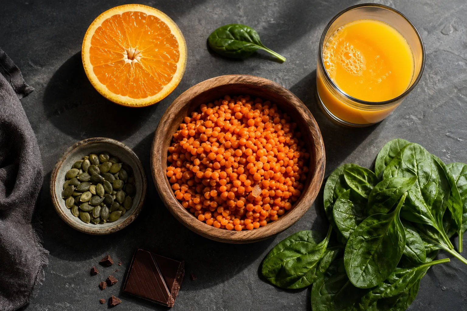 Potraviny bohaté na železo a vitamín C — červená čočka, plátky pomeranče, dýňová semínka, špenátové listy a tmavá čokoláda