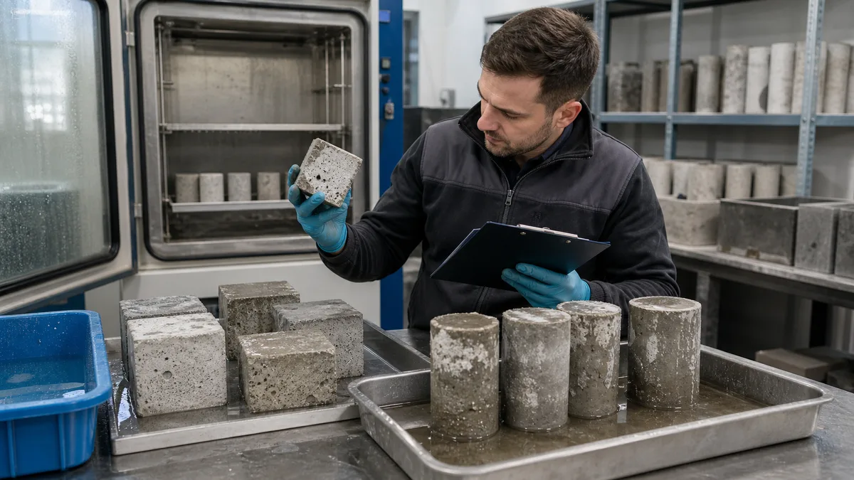 Laborant kontroluje vzorky betonu po zkouškách odolnosti vůči vodě a mrazu.