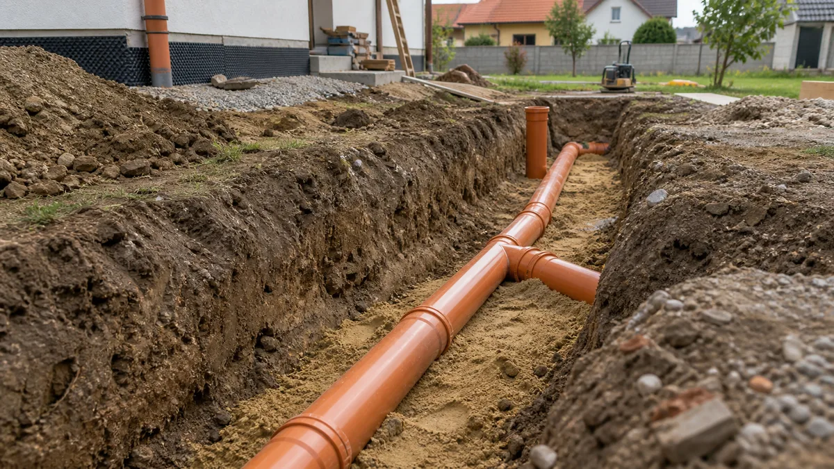 Výkop s uloženým oranžovým KG potrubím na pískovém loži u rodinného domu.