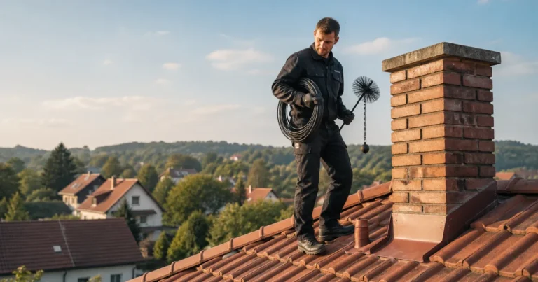 Kominík na střeše rodinného domu s kartáčem u cihlového komína